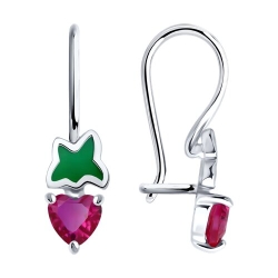 Детские серьги из серебра с камнями Корунд в цвете рубина, Эмаль