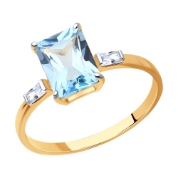 Кольцо из красного золота с камнями Фианит, Топаз голубой