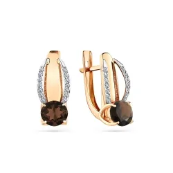 Серьги из красного золота с камнями Фианит, Кварц дымчатый