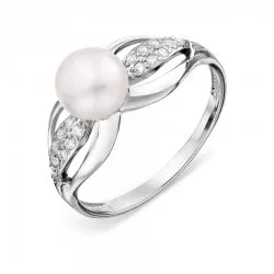 Inel din aur alb cu Cubic Zirconia Incolor, Perla Albă