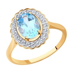 Inel din aur roșu cu pietre Cubic Zirconia Incolor, Topaz albastru