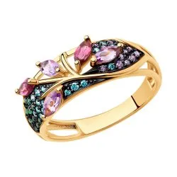 Inel din aur roșu cu Cubic Zirconia Verde, Cubic Zirconia Liliachiu și Ametist