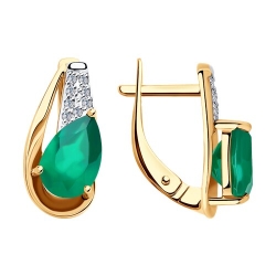 Серьги из красного золота с камнями Фианит, Агат зеленый