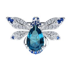 Брошь из серебра с камнями Фианит, Фианит Синий Сапфир и Ситал London (синт.)