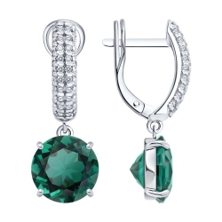 Серьги Длинные из серебра с камнями Фианит, Кварц зеленый (синт.)