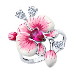 Inel din argint  cu pietre Cubic Zirconia Incolor, Corindon (rubin) și Emailare