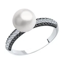 Inel din aur alb cu Cubic Zirconia Incolor, Cubic Zirconia Negru și Perla Albă