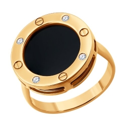 Кольцо из красного золота с камнями Фианит, Агат черный