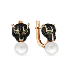 Cercei din aur roșu cu Cubic Zirconia Negru, Cubic Zirconia Verde și Perla Albă