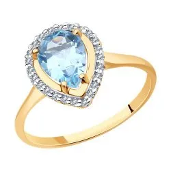 Inel din aur roșu cu Cubic Zirconia Incolor, Topaz albastru