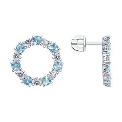 Серьги Пусеты из серебра с камнями Фианит, Топаз голубой