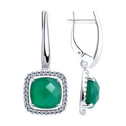 Серьги Длинные из серебра с камнями Фианит, Агат зеленый