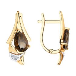 Серьги из красного золота с камнями Фианит, Кварц дымчатый
