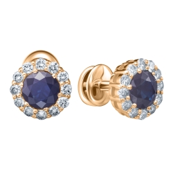 Серьги Пусеты из красного золота с камнями Бриллиант, Сапфир
