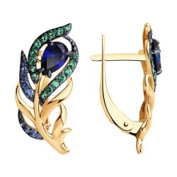 Серьги из красного золота с камнями Фианит Синий Сапфир, Фианит Зелёный