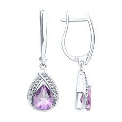 Серьги Длинные из серебра с камнями Фианит, Аметист