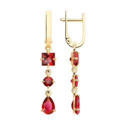 Серьги Длинные из красного золота с камнями Топаз Swarovski красный