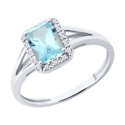 Кольцо из белого золота с камнями Бриллиант, Топаз голубой