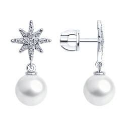 Cercei Pusete din aur alb cu pietre Diamant, Perla Albă