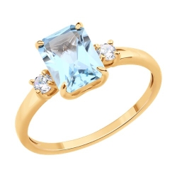 Inel din aur roșu cu pietre Cubic Zirconia Incolor, Topaz albastru