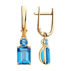Серьги Длинные из красного золота с камнями Топаз Swarovski голубой