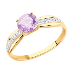 Кольцо из красного золота с камнями Фианит, Аметист