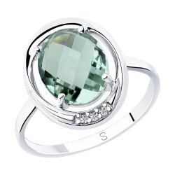 Кольцо из серебра с камнями Фианит, Кварц зеленый (синт.)