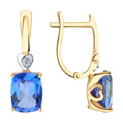 Серьги Длинные из красного золота с камнями Swarovski, Топаз Swarovski голубой