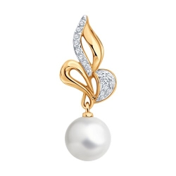 Подвеска из красного золота с камнями Фианит, Жемчуг белый