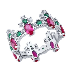 Inel din argint  cu pietre Cubic Zirconia Incolor, Cubic Zirconia Verde și Corindon (rubin)