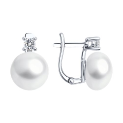 Серьги из серебра с камнями Фианит, Жемчуг белый