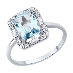 Inel din aur alb cu pietre Cubic Zirconia Incolor, Topaz albastru