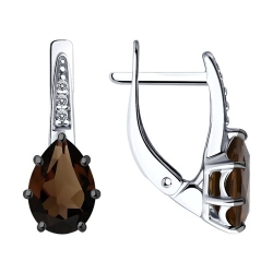 Серьги из серебра с камнями Фианит, Кварц дымчатый