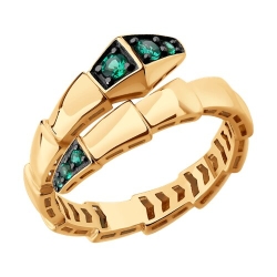 Кольцо из красного золота с камнями Изумруд гидротермальный