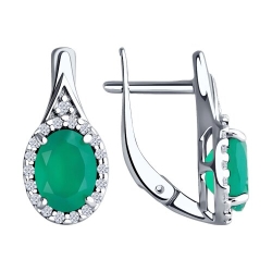 Серьги из серебра с камнями Фианит, Агат зеленый