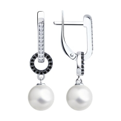 Cercei Suspendați din argint  cu pietre Cubic Zirconia Incolor, Cubic Zirconia Negru și Perla Imit.