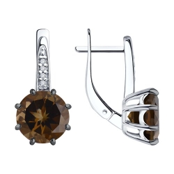 Серьги из серебра с камнями Фианит, Кварц дымчатый