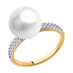 Кольцо из красного золота с камнями Swarovski, Жемчуг белый