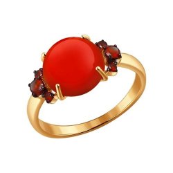 Кольцо из красного золота с камнями Гранат, Коралл (прес.)