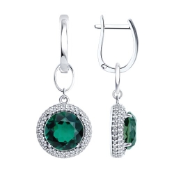 Серьги Длинные из серебра с камнями Фианит, Кварц зеленый (синт.)