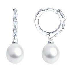 Cercei Creole din argint  cu pietre Cubic Zirconia Incolor, Perla Albă