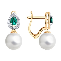 Cercei din aur roșu cu pietre Diamant, Smarald Hidrotermal și Perla Albă