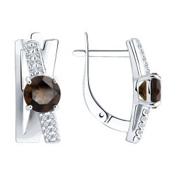Серьги из серебра с камнями Фианит, Кварц дымчатый