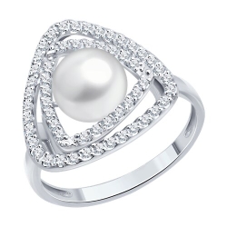 Inel din aur alb cu pietre Cubic Zirconia Incolor, Perla Albă