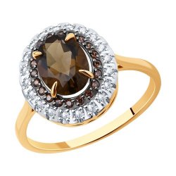 Inel din aur roșu cu pietre Cubic Zirconia Incolor, Cubic Zirconia Maro și Cuarț fumuriu