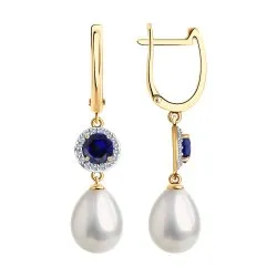 Cercei Suspendați din aur roșu cu Cubic Zirconia Incolor, Perla Albă și Corindon