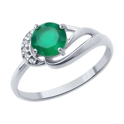 Кольцо из серебра с камнями Фианит, Агат зеленый