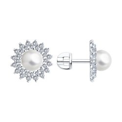 Cercei Pusete din argint  cu pietre Cubic Zirconia Incolor, Perla Imit.