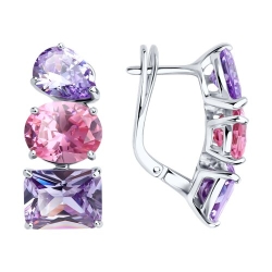 Серьги из серебра с камнями Фианит Сиреневый, Фианит Красный