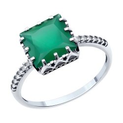 Кольцо из серебра с камнями Фианит, Агат зеленый